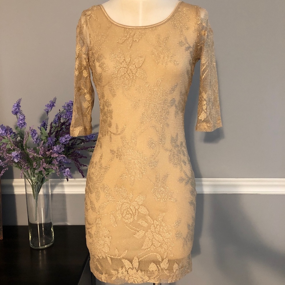 Love Culture  Quarter Sleeve Gold Mesh Dress